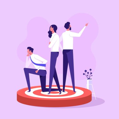 People standing on target. Concept of focus group members, market research participants, public survey for marketing strategy, views or opinions of customers. Flat vector illustration