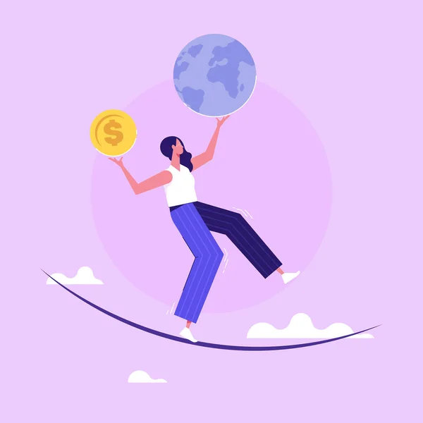 Woman with money and planet earth on rope, balancing money and nature, eco environmental balance concept