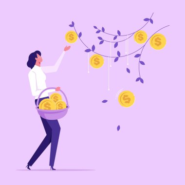 People picking and collecting coins from a money tree, Concept of business success with financial grow, economic profit, increase wealth