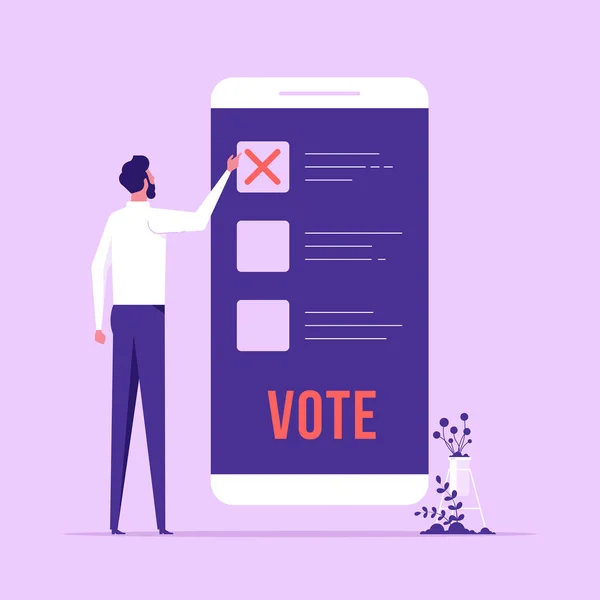 Homme Avec Smartphone Pour Voter Électroniquement Vote Sur Téléphone Portable — Image vectorielle