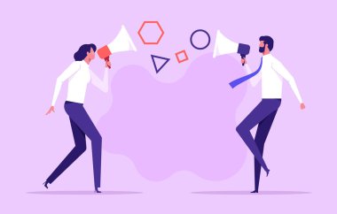 Çatışma kavramı. Birbirlerine bağırarak. İnsanlar içine bir megafon birbirlerine bağırarak. Megafon ile bağırarak işadamları