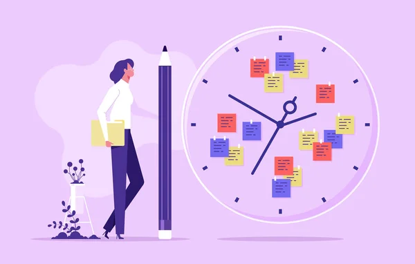 管理你的时间概念 有效的规划和时间管理 工作效率和生产率在工作中 商人保持时钟 工作规划和时间安排矢量说明 — 图库矢量图片