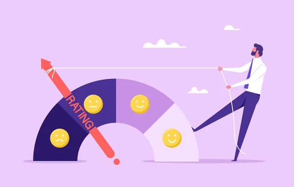 Performans derecelendirme veya müşteri geribildirimi, memnuniyet ölçümü, kalite kontrolü veya iyileştirme konsepti, iş adamı derecelendirme göstergesini mükemmel yapmak için ipi çeker