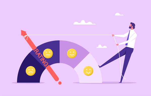 Оценка производительности или отзывы клиентов, измерение удовлетворенности, контроль качества или концепция улучшения, бизнесмен тянуть за веревку, чтобы сделать шкалу рейтинга, чтобы быть отличным