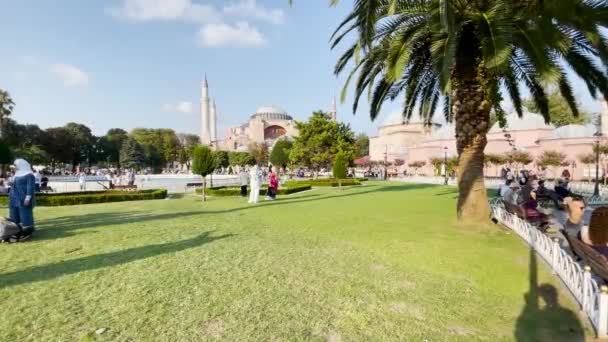 이스탄불의 모스크의 정원에 사람들 — 비디오