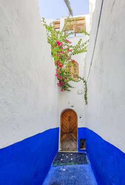 Asilah 'ın Medine' sinde mavi beyaz geçitli kahverengi ahşap kapı.