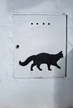 Fas sokaklarında duvara resim çizen kara kedi.