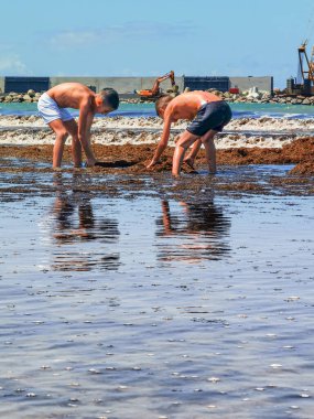Fas sahilinde birlikte oynayan iki genç çocuk.