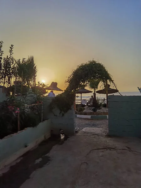 Entrée Café Marocain Avec Vue Sur Coucher Soleil Sur Côte — Photo