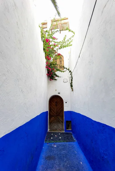 Asilah 'ın Medine' sinde mavi beyaz geçitli kahverengi ahşap kapı.