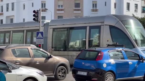 Tramway Face Mask Passing Traffic Jam Light Morocco — Stock Video