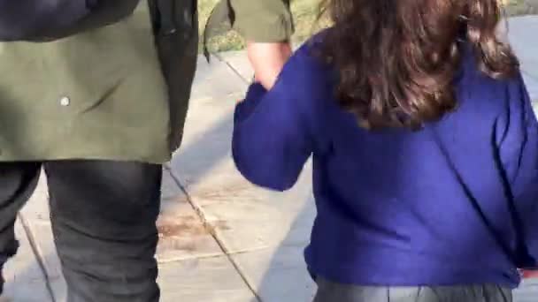 Pai Segurando Mão Sua Filha Andando Parque Público — Vídeo de Stock