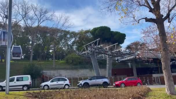 Cable Car Arriving Montjuic Station City Barcelona — Stock Video