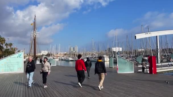 Ludzie Spacerujący Porcie Rambla Mar Barcelonie — Wideo stockowe
