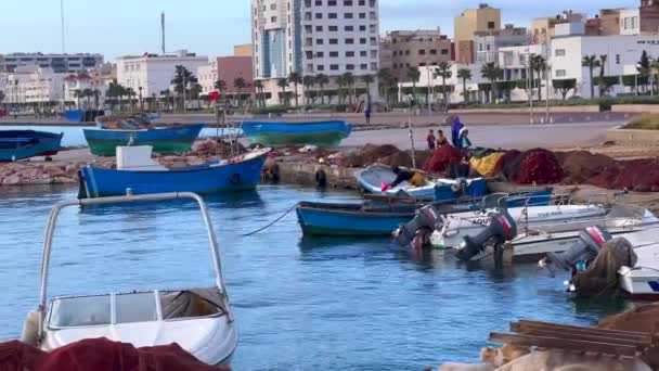 Small Fishing Boats Floating Harbor — Stock Video