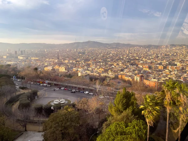 Letecký Pohled Lanovky Pohybující Nad Městem Barcelona — Stock fotografie