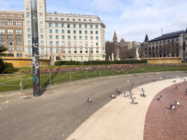 Katalonya meydanını ziyaret eden turistler Barselona 'da güvercinlerle dolular.
