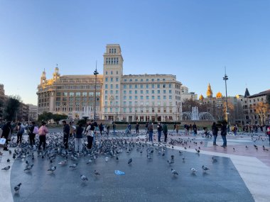Katalonya meydanını ziyaret eden turistler Barselona 'da güvercinlerle dolular.