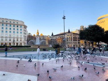 Katalonya meydanını ziyaret eden turistler Barselona 'da güvercinlerle dolular.