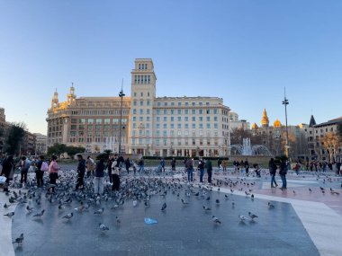 Katalonya meydanını ziyaret eden turistler Barselona 'da güvercinlerle dolular.