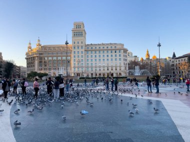 Katalonya meydanını ziyaret eden turistler Barselona 'da güvercinlerle dolular.