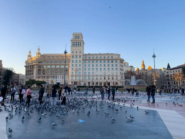 Turistas Visitando Plaza Cataluña Llena Palomas Barcelona — Foto de Stock