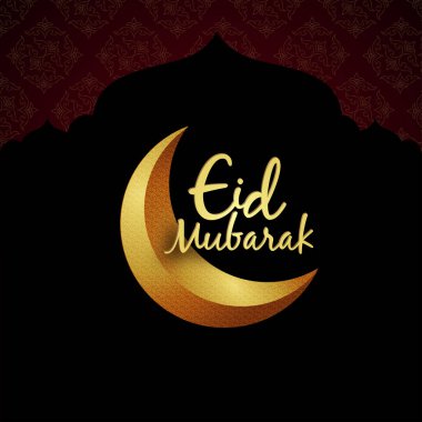 Mübarek bayramı kaligrafisi altın bir hilal üzerinde oturuyor.