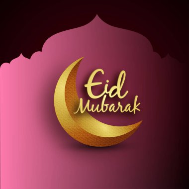Mübarek bayramı kaligrafisi altın bir hilal üzerinde oturuyor.