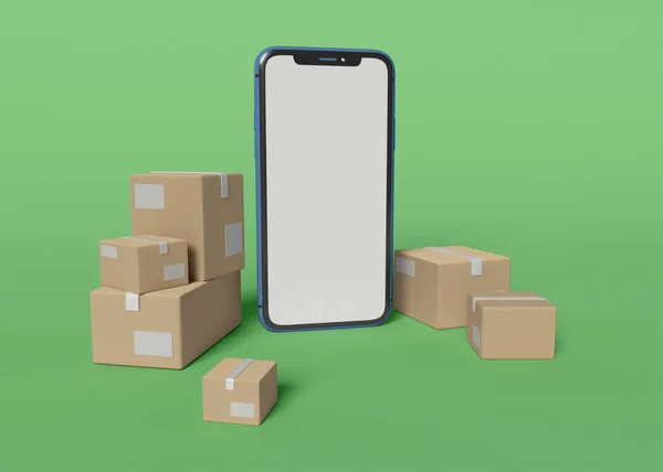Smartphone Blank Display Surrounded Different Size Packages Green Background — ストック写真