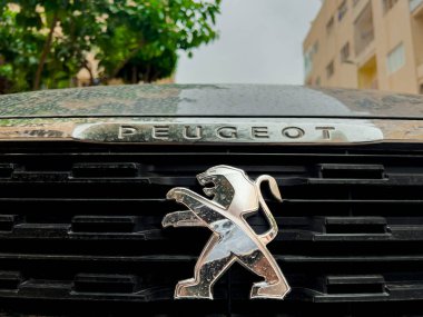 Arka planda binalar olan Peugeot logosunu yakından çek.