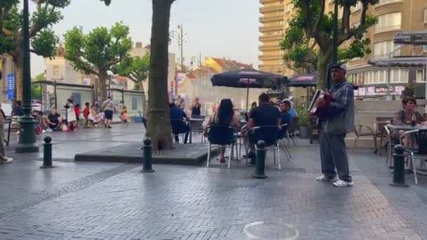Hombre Tocando Acordeón Junto Una Terraza Cafetería Bruxelles — Vídeos de Stock