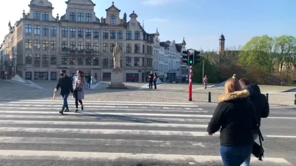 Nsanlar Bruxelles Deki Kraliçe Elisabeth Heykelinin Önünden Geçiyorlar — Stok video
