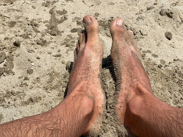 Closeup Male Feet Covered Sand Beach — стоковое фото