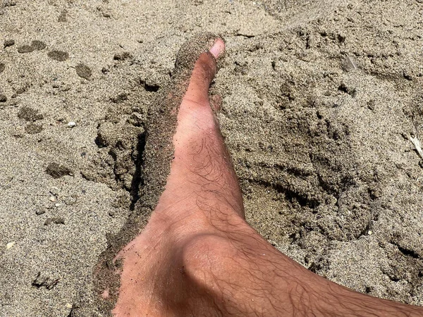 Closeup Male Feet Covered Sand Beach — Photo