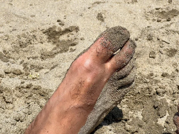 Closeup Male Feet Covered Sand Beach — Foto de Stock