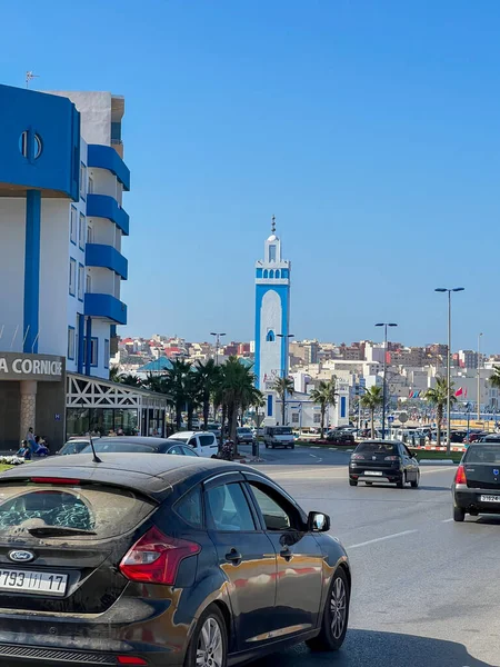 Cars driving towards the Mohamed VI mosque in Fnideq