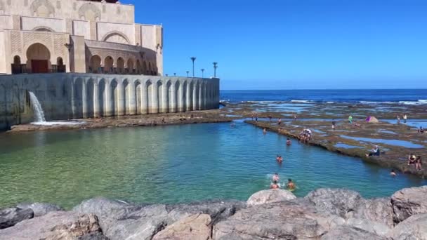 People Swimming Ocean Next Hassan Mosque Casablanca — ストック動画