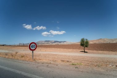 Yol kenarında 40 km hız sınırı ve arka planda kırsal alan