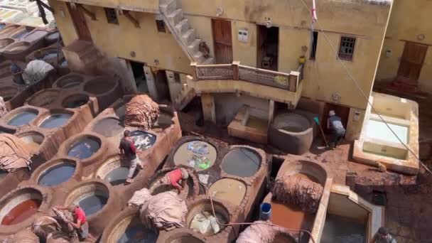 Hombres Trabajando Curtiduría Chouara Antigua Medina Fez — Vídeo de stock