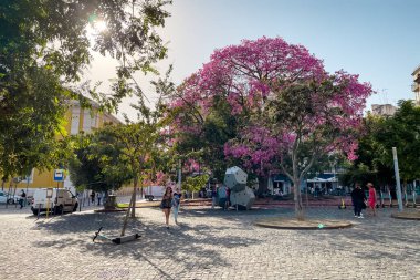 İnsanlar Lizbon 'daki Campos Das Cebolas parkında takılıyor.
