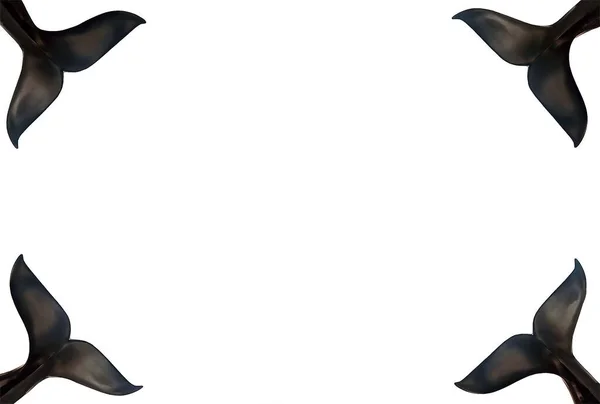 large, black, whale tails in the corners on a white background, space for text