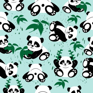 Bitkilerle farklı pozisyonlarda kusursuz panda deseni. Yazdırma, duvar kağıdı, tekstil için...