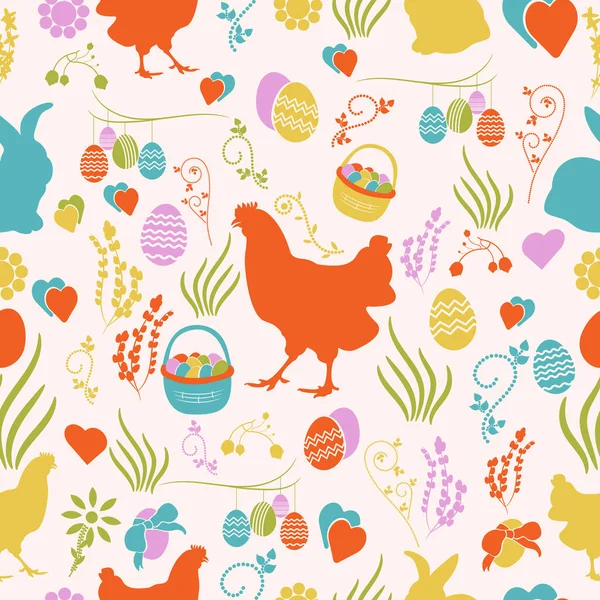 Modèle Sans Couture Pâques Imprimer Avec Œufs Poule Fleurs Panier — Image vectorielle