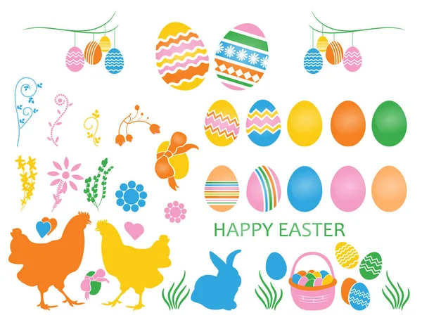 Frohe Ostern Ostervektorelemente Hase Und Henne Eier Und Pflanzen Und — Stockvektor