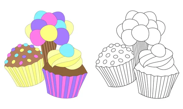 Coloriage Avec Crème Glacée Muffins Pour Impression Livre Colorier Pour — Image vectorielle