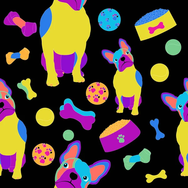 Seamless Pattern French Bulldog Treats Cubes Balloons Textiles Wallpapers Prints — Stock Vector