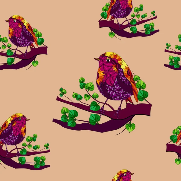 Безшовний Візерунок Барвистого Птаха Сидить Гілці Помаранчевому Фоні — стоковий вектор