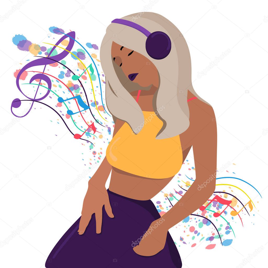 Young girl with headphones listens to music and dancing. Musical notes and treble clef in the background.
