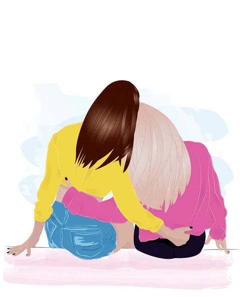 Girls Best Friends Embracing Blonde Brunette — Stock Vector