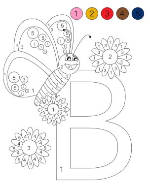 Hayvanlarla boyama kitabı alfabesi. Numarası olan çocuklar için ABC boyama kitabı. Kelebeğin B 'si.